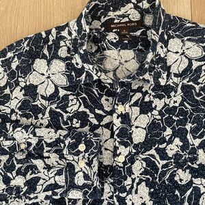 Michael Kors Casual Blue and White Floral Long Sleeve Shirt 100% Linen Hawaiian